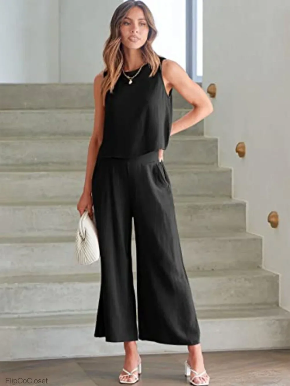 2 Piece Linen Set Women Summer Outfits Wide Leg Pant Crop